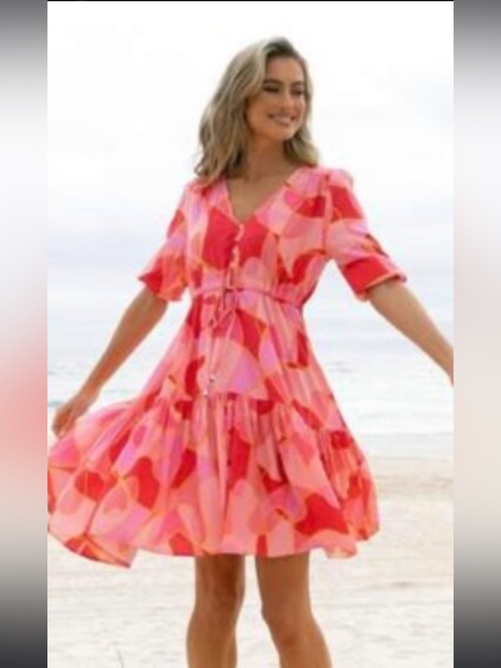 Petal & Pup Pink & Coral Abstract V-Neck Tie-Waist Mini Dress